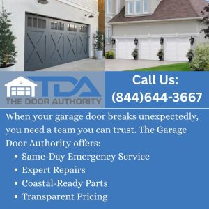 The Door Authority offers Same-Day Emergency Service, Expert Repairs, Coastal-Ready Parts, and Transparent Pricing for unexpected garage door breaks.