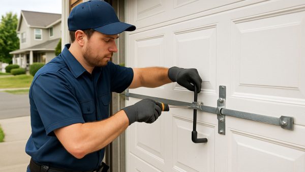 Service technician wearing a hard hat, gloves, and a dark blue shirt works on a manual slide lock mechanism attached to a white panel garage door.
