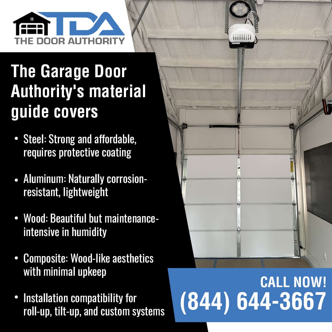 Interior view of a garage with a closed white garage door and text listing steel, aluminum, wood, and composite garage door material options.