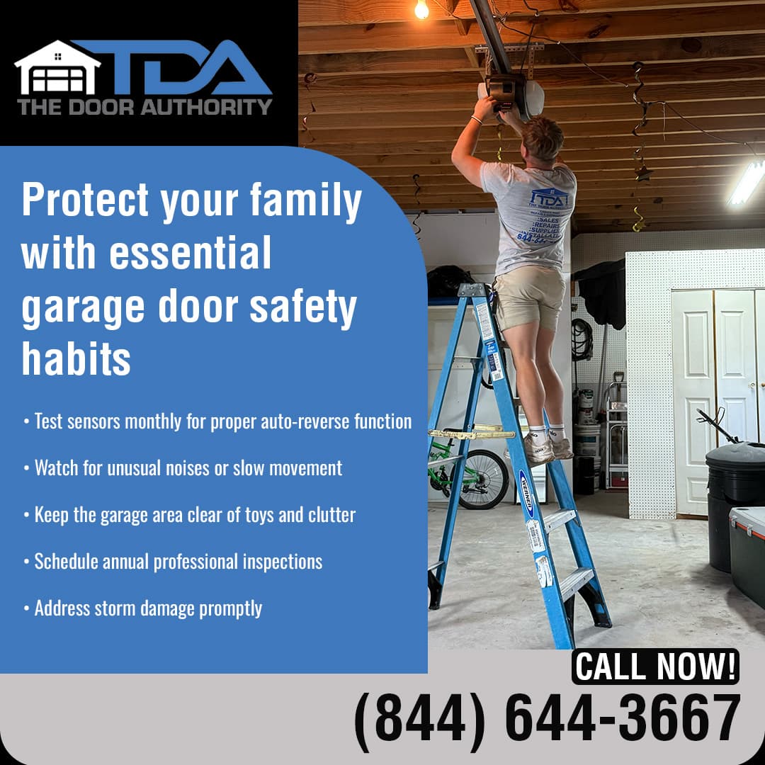 A technician from The Door Authority stands on a blue ladder inside a residential garage, inspecting or repairing an overhead garage door opener.
