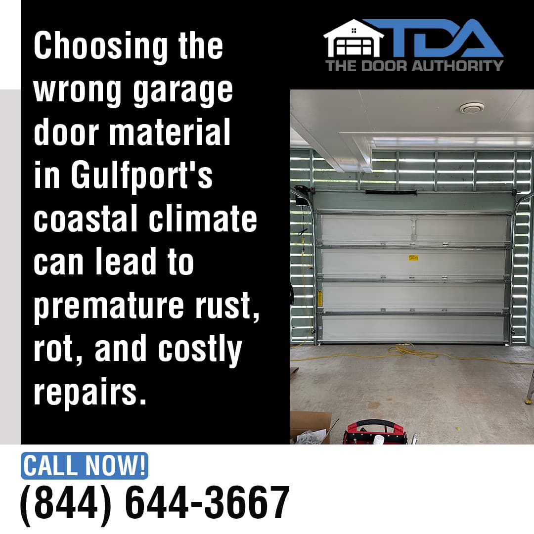 A partially installed garage door inside a garage with text warning about choosing the wrong garage door material in Gulfport’s coastal climate.