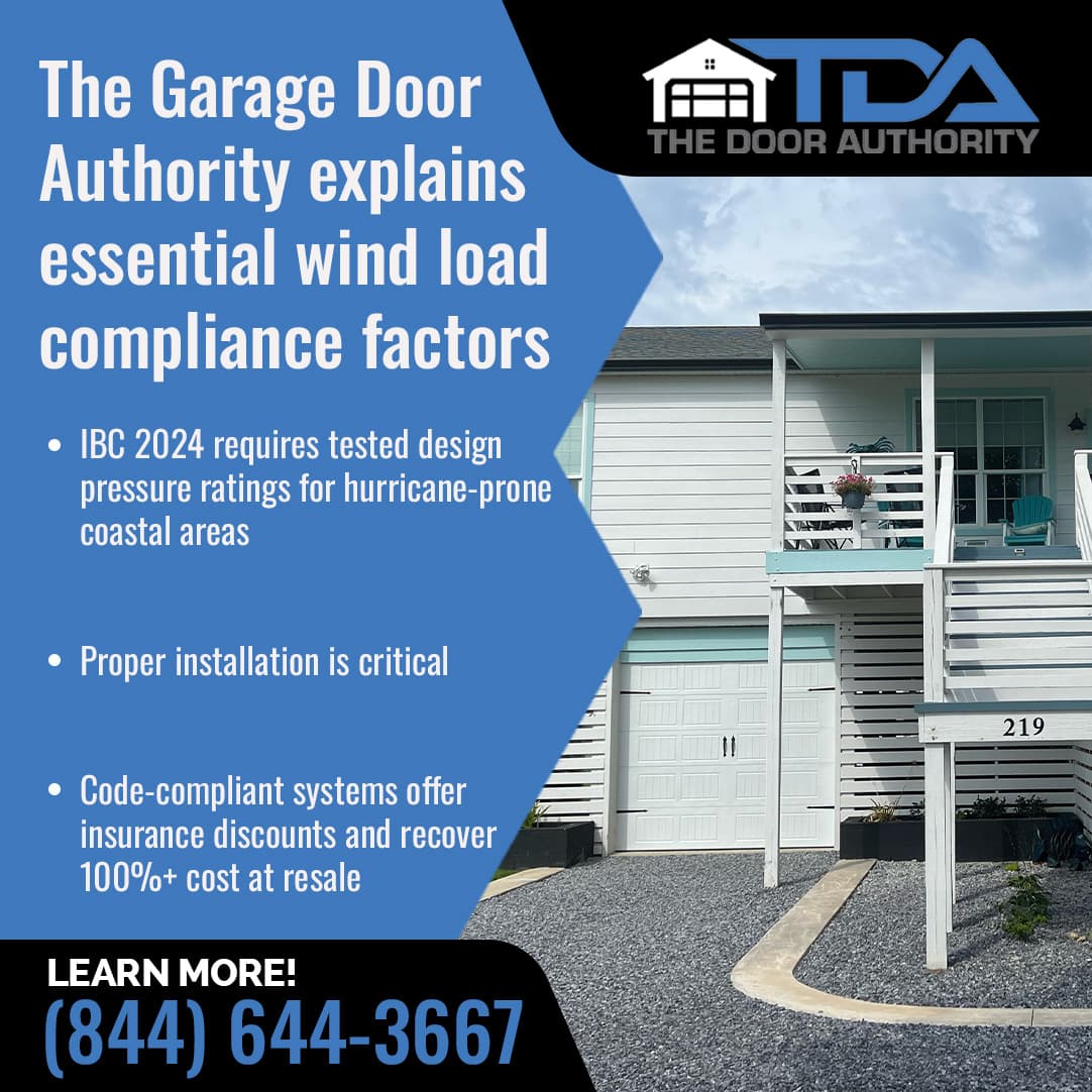 Advertisement from The Door Authority explaining wind load compliance for garage doors, featuring a house with a garage.