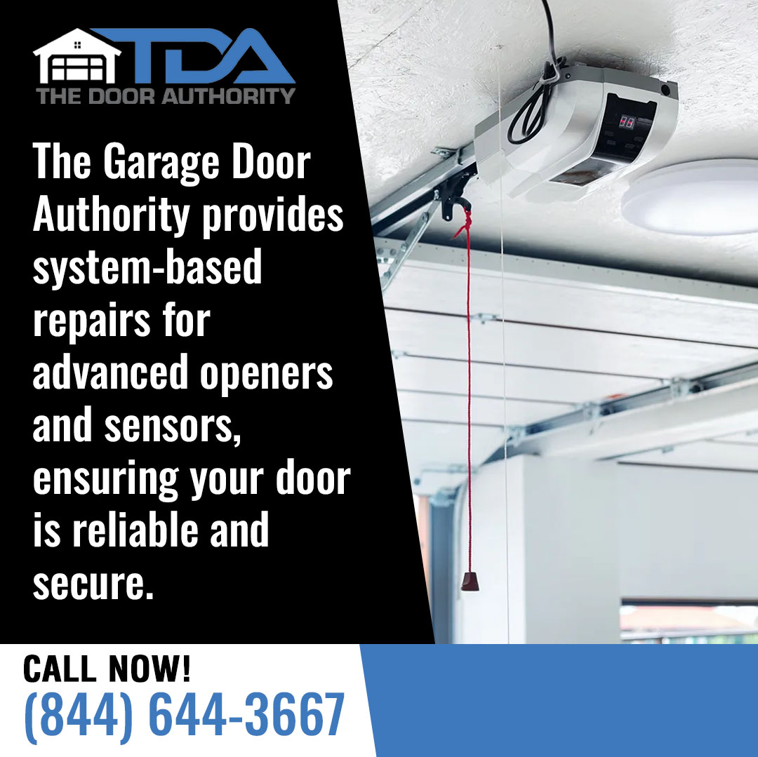 A close-up of a garage door opener mechanism with wiring and a digital display, alongside text promoting The Door Authority’s system-based repairs for advanced openers and sensors.