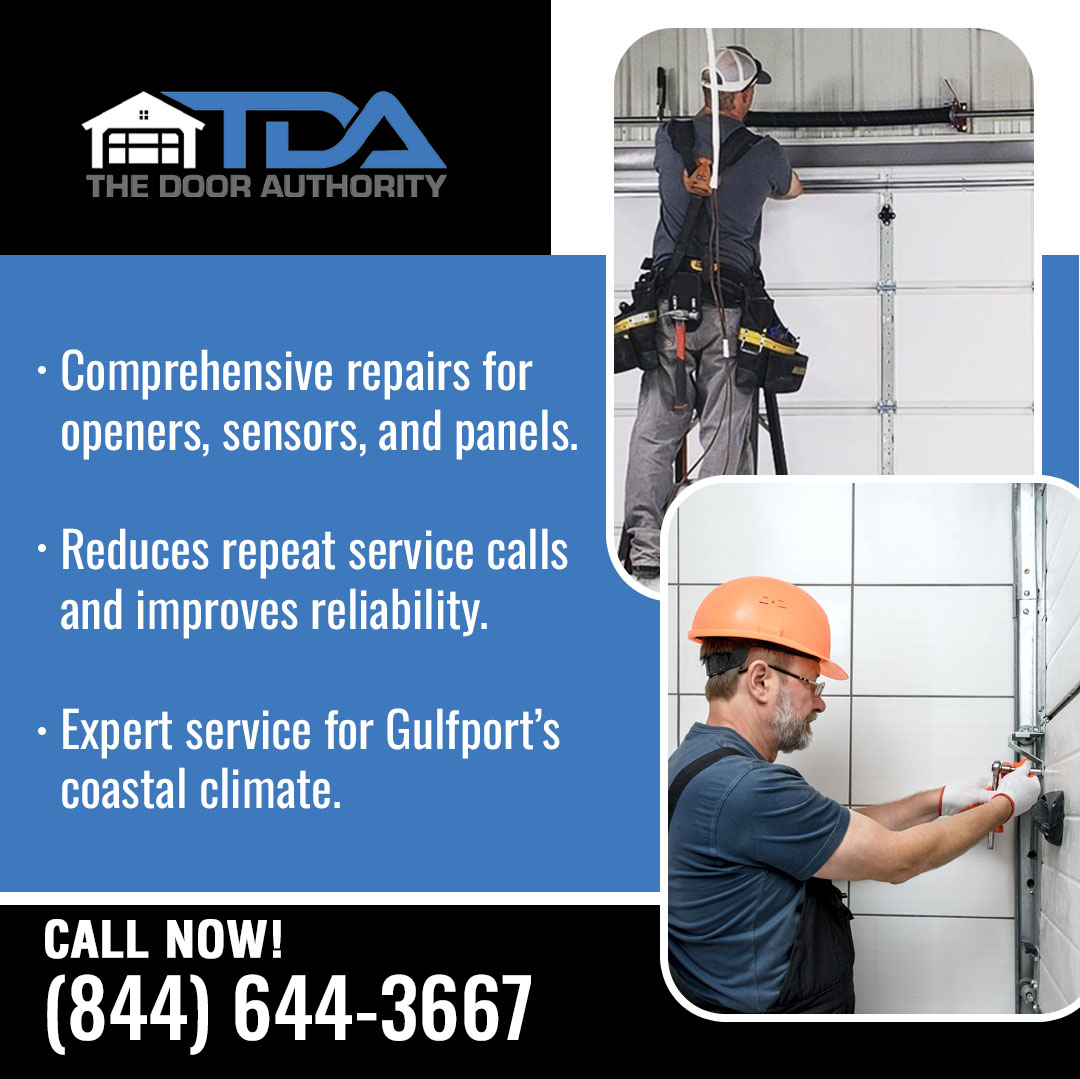 A technician working on a garage door, alongside text highlighting The Door Authority’s comprehensive repairs for openers, sensors, and panels, and their expertise in Gulfport’s coastal climate.