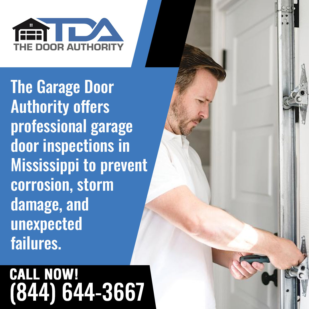 A technician inspecting a garage door mechanism, alongside text promoting The Door Authority’s professional garage door inspections in Mississippi to prevent corrosion, storm damage, and failures.
