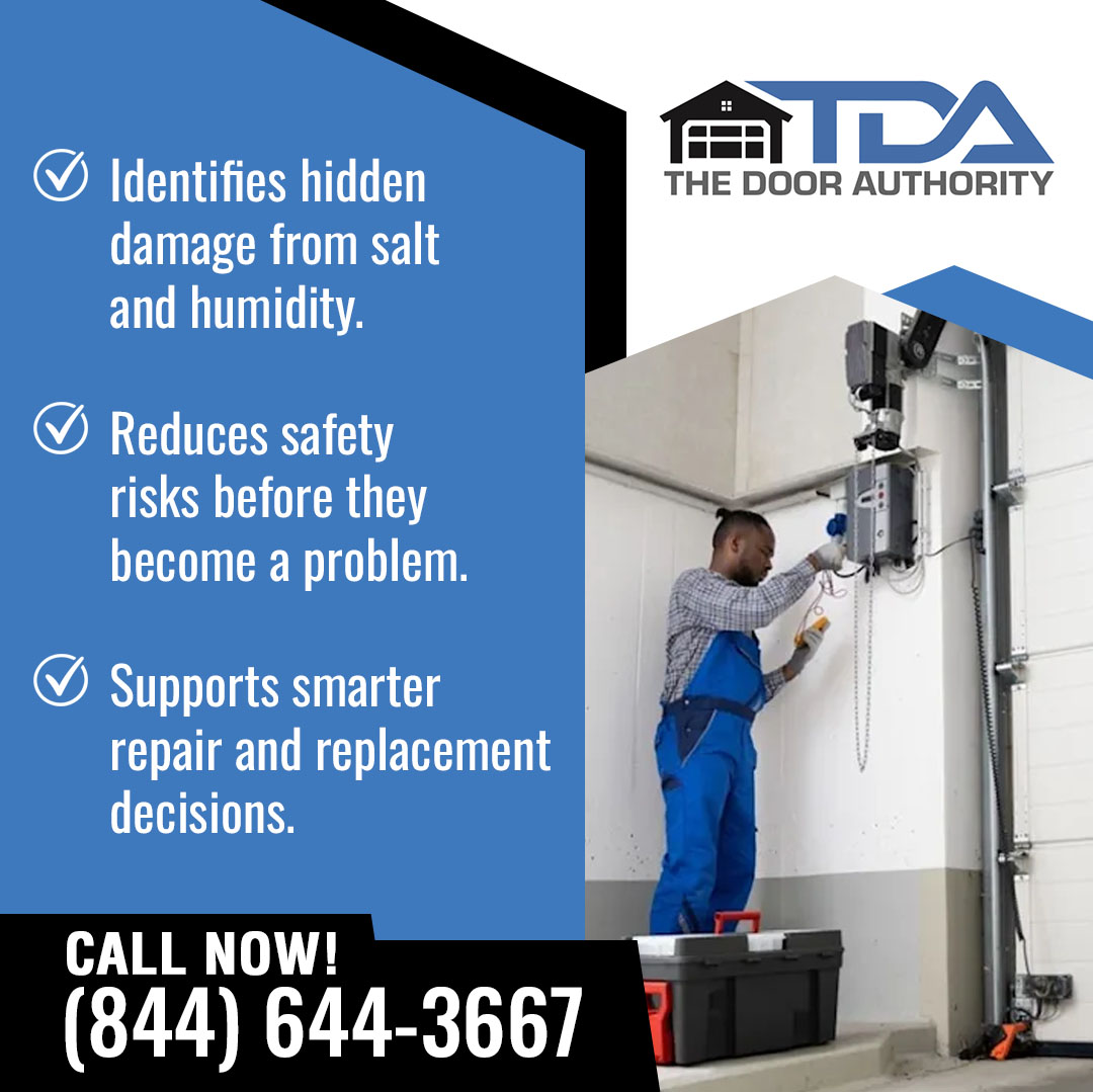A technician inspecting a garage door opener system, alongside bullet points highlighting the benefits of professional inspections from The Door Authority: identifying hidden damage, reducing safety risks, and supporting informed repair/replacement decisions.
