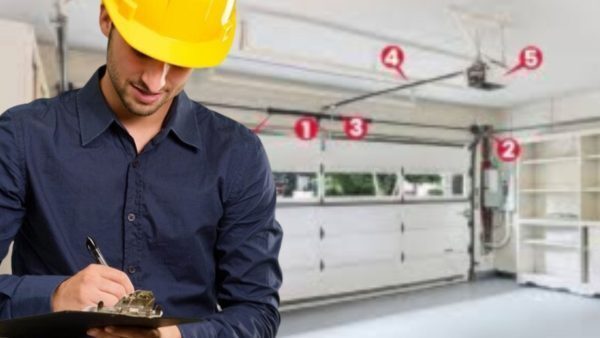 A technician wearing a yellow hard hat and a dark blue shirt is inspecting a garage door and filling out a checklist. Numbers 1-5 are highlighted on different parts of the garage door system.