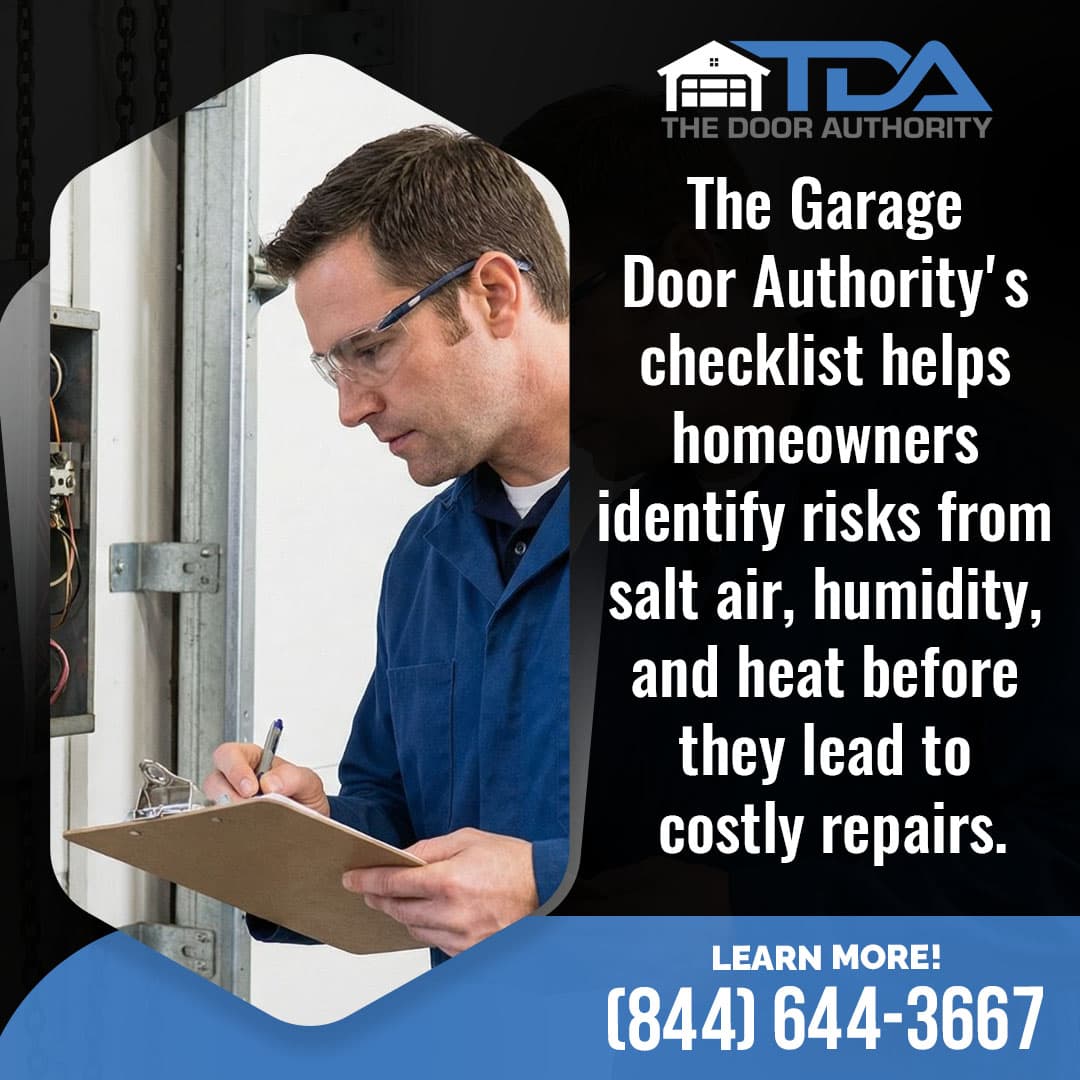 Technician inspecting a garage door system and completing a maintenance checklist