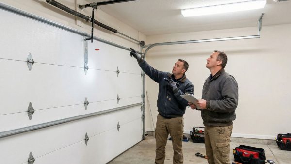 Technicians inspecting a residential garage door track and hardware