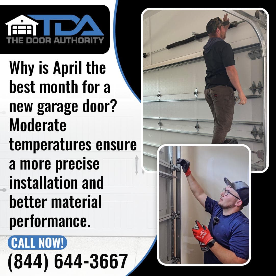 Technicians installing and adjusting a garage door system inside a residential garage