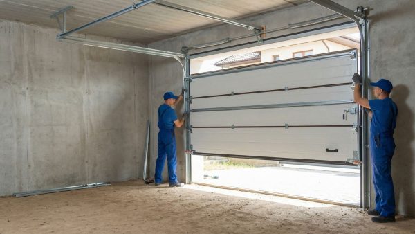 Two technicians installing a sectional garage door inside a new garage