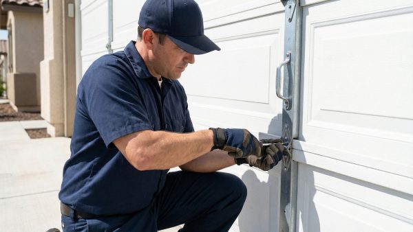 Technician repairing a garage door lock mechanism on a residential door