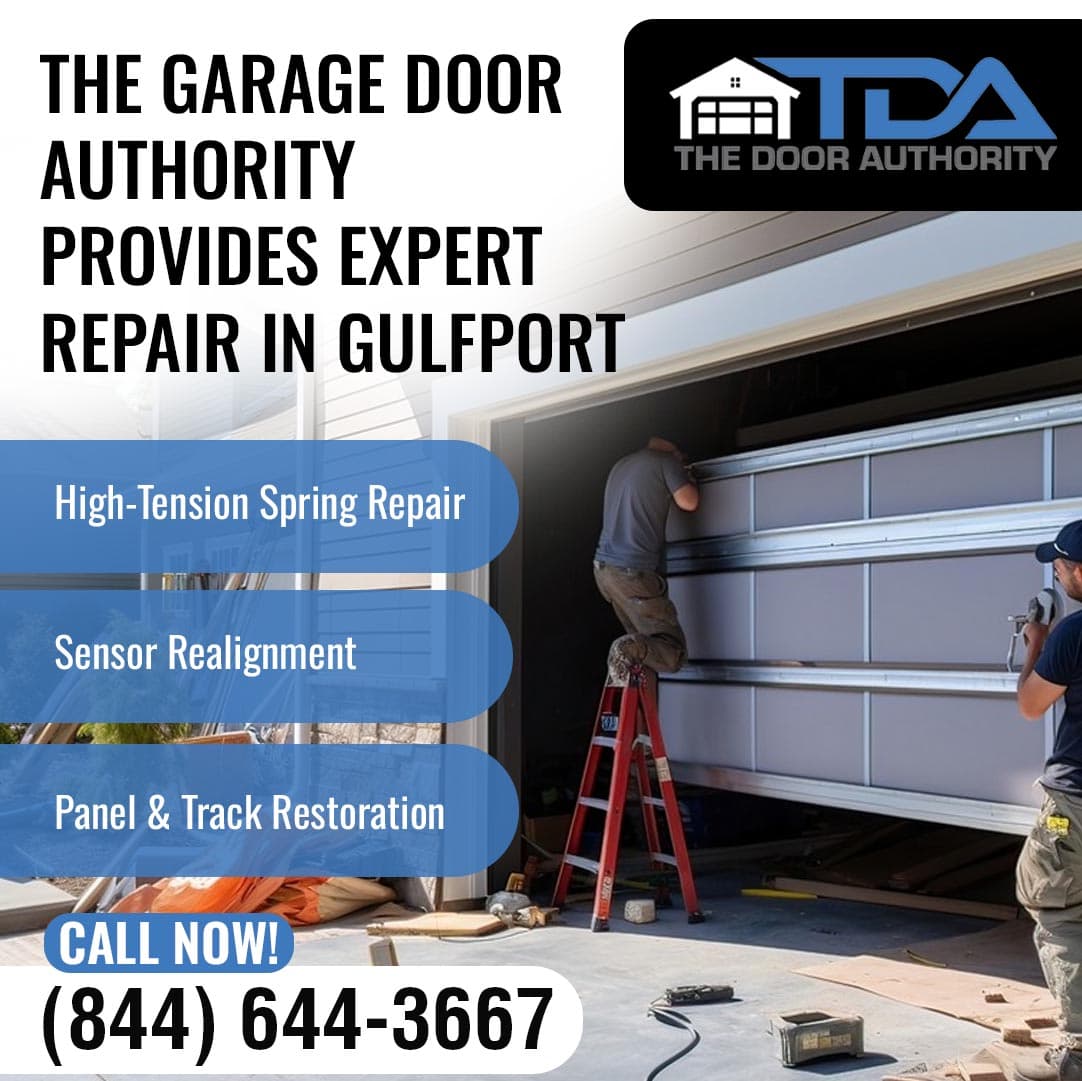 Technicians repairing a garage door using a ladder in a residential garage