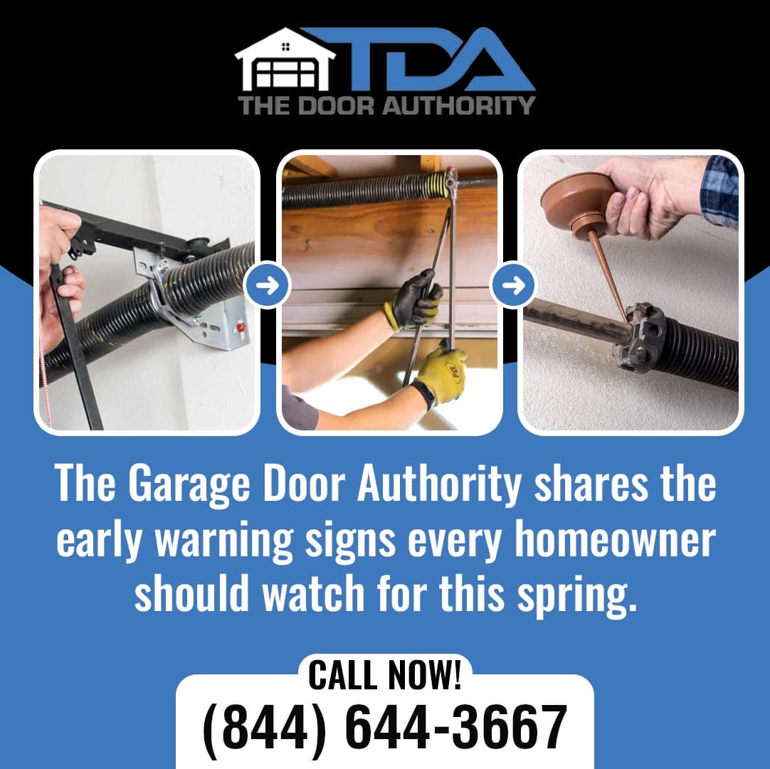 Steps showing garage door spring adjustment and inspection by a technician