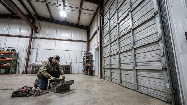 Technician working inside a commercial building near large industrial garage doors