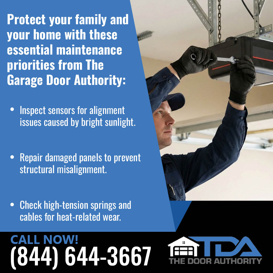 Technician adjusting a garage door opener during routine maintenance inspection
