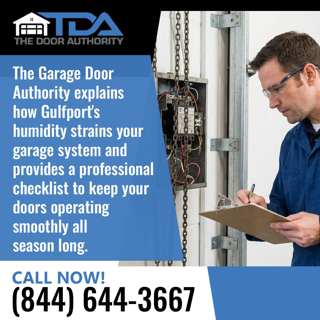 Technician inspecting garage door system and electrical components with maintenance checklist