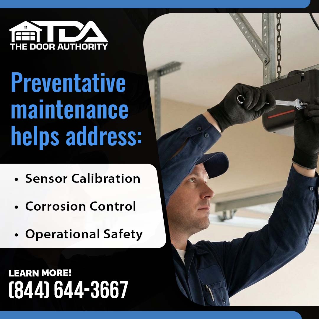 The Door Authority graphic showing a technician servicing a garage door opener, listing three preventative maintenance areas: sensor calibration, corrosion control, and operational safety.