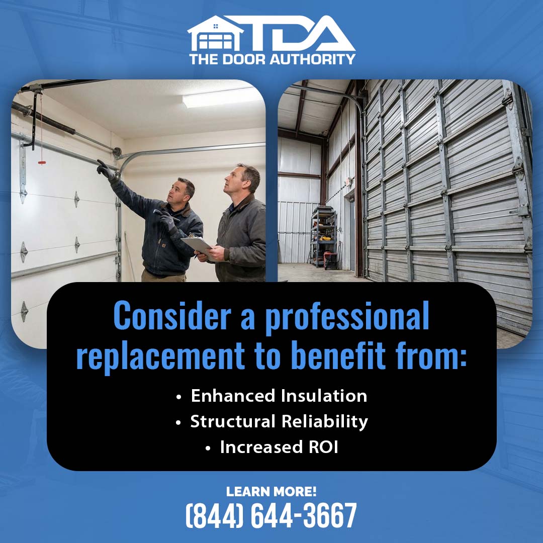 The Door Authority graphic showing two technicians inspecting a garage door and a large commercial garage interior, listing three replacement benefits: enhanced insulation, structural reliability, and increased ROI.