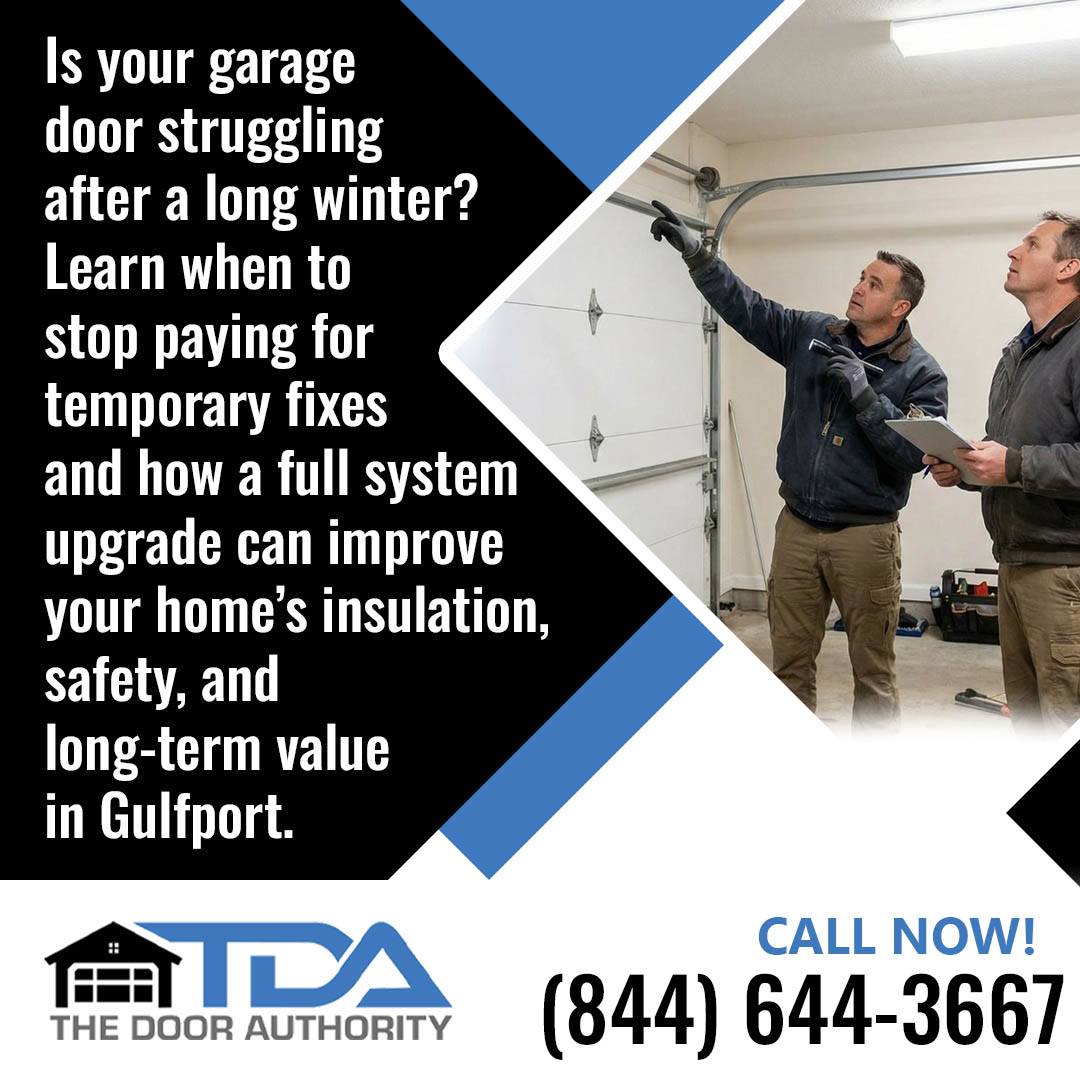 Technicians inspecting a residential garage door for repair or replacement recommendations