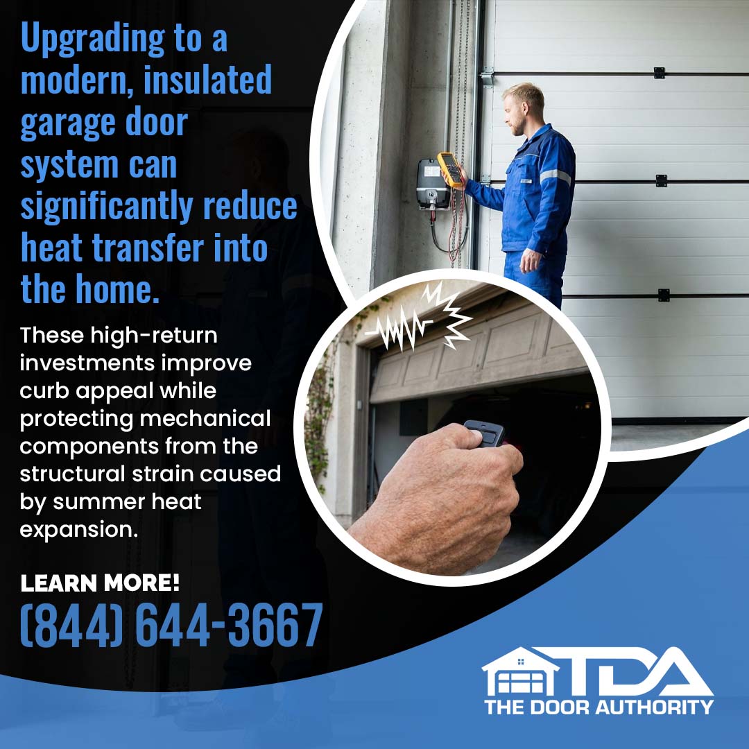 
The Door Authority graphic showing a technician inspecting a garage door and a hand holding a remote, promoting insulated garage door upgrades to reduce heat transfer and protect mechanical components.