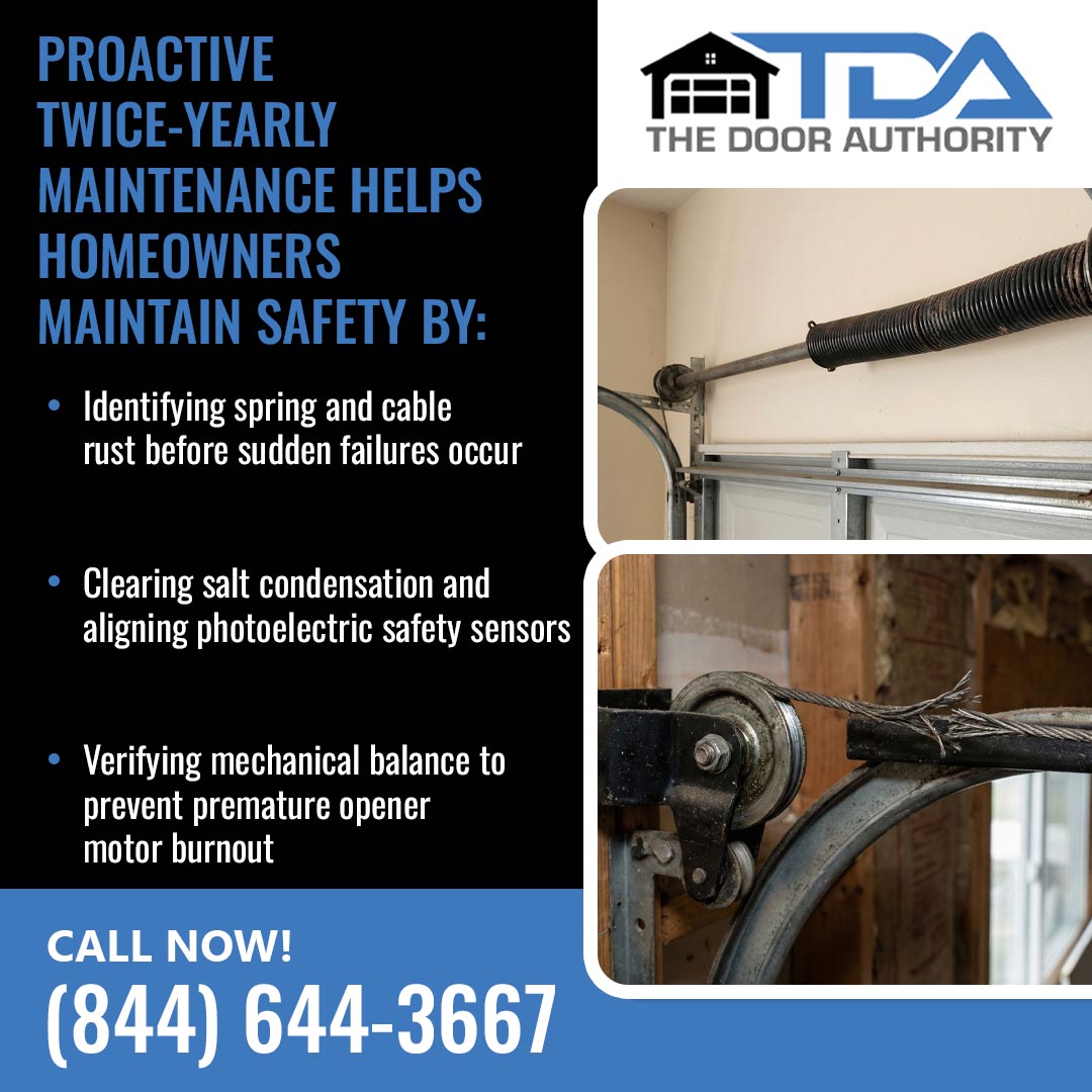 Garage door torsion spring and damaged cable shown during a professional twice-yearly garage door maintenance inspection.