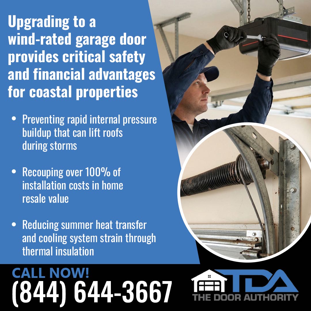 Technician installing a wind-rated garage door opener with a close-up of the torsion spring system, highlighting storm-ready garage door upgrades.