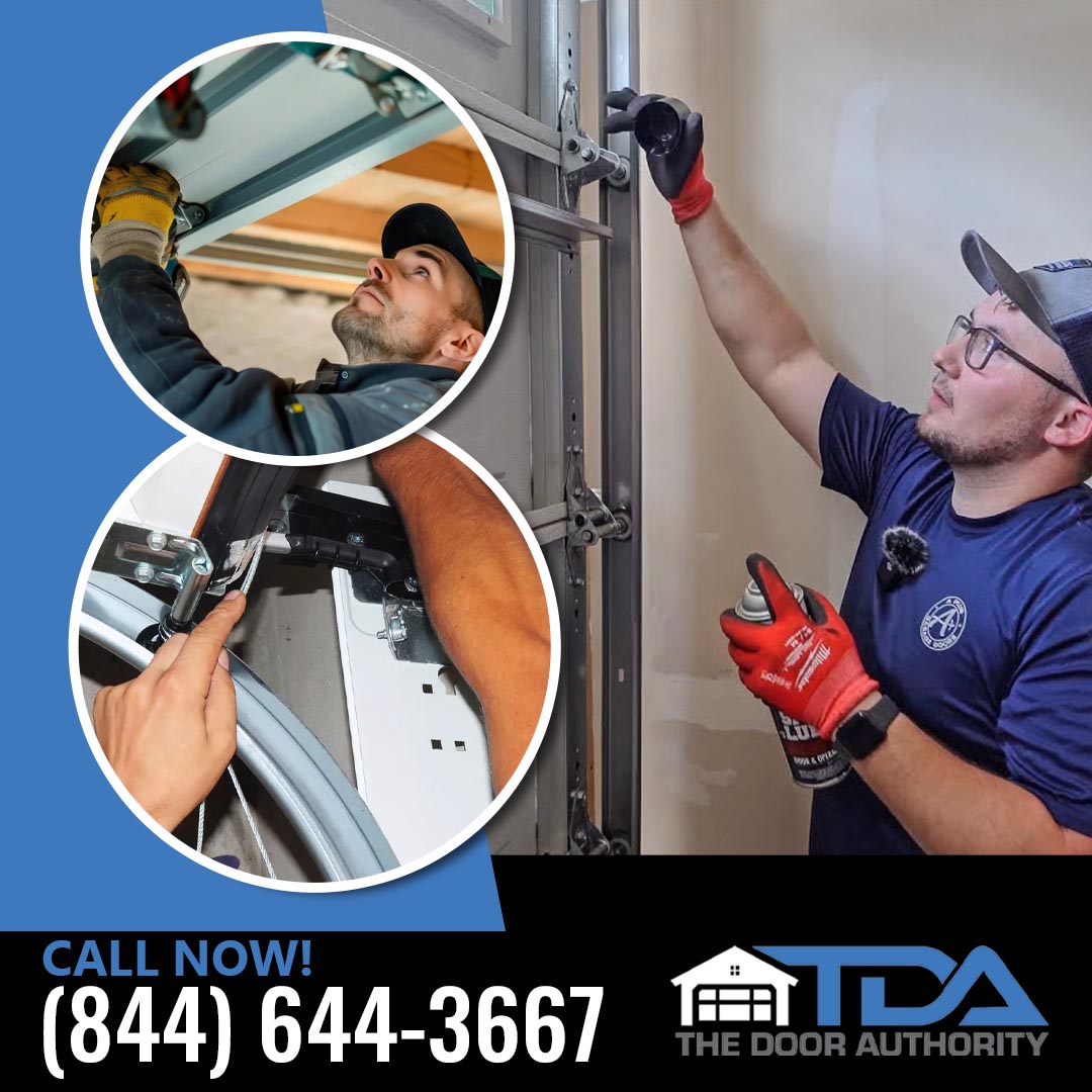 Garage door technician performing routine maintenance, lubricating moving parts, and inspecting garage door hardware to improve performance, safety, and reliability.