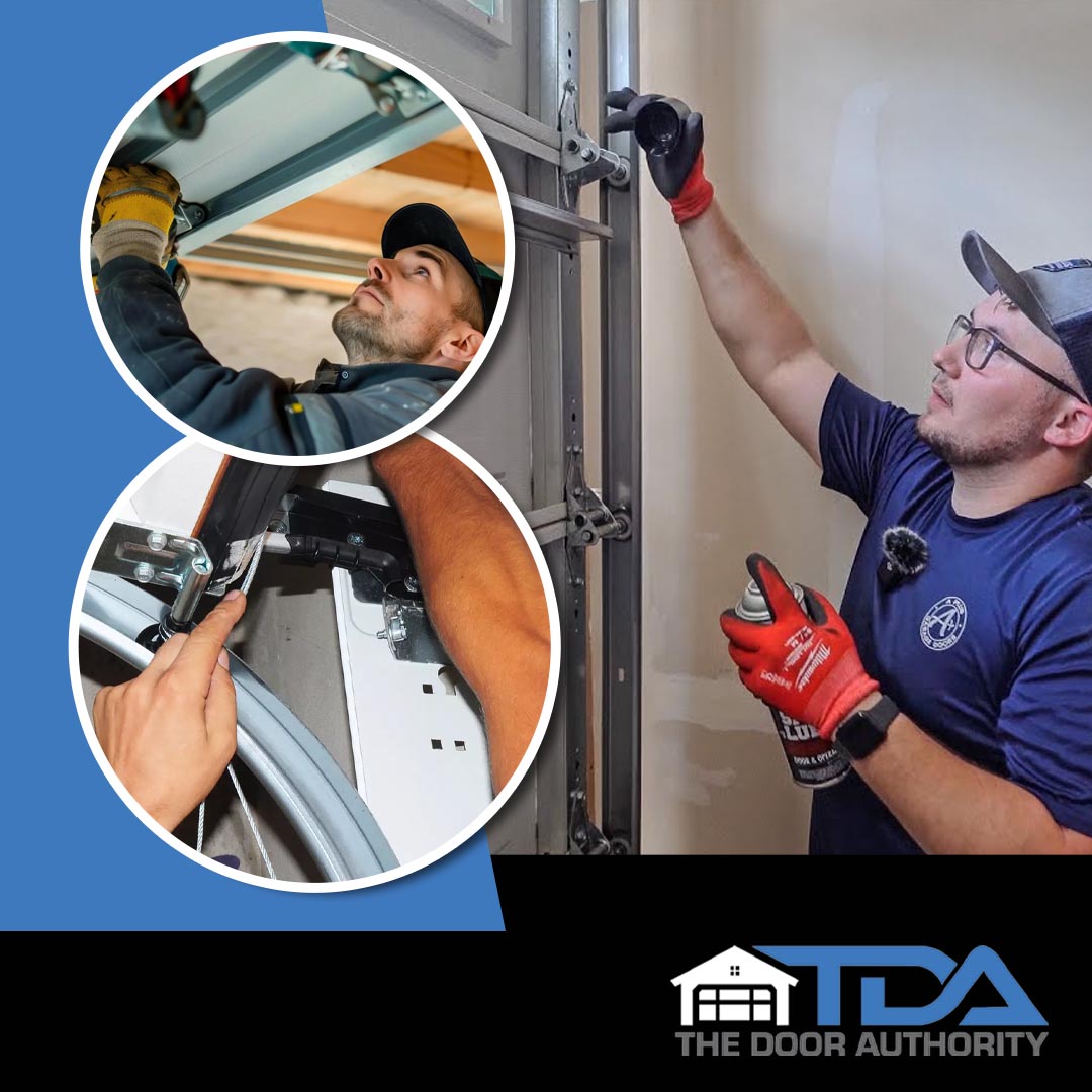  A collage showing professional technicians from The Door Authority inspecting and lubricating garage door springs and tracks.