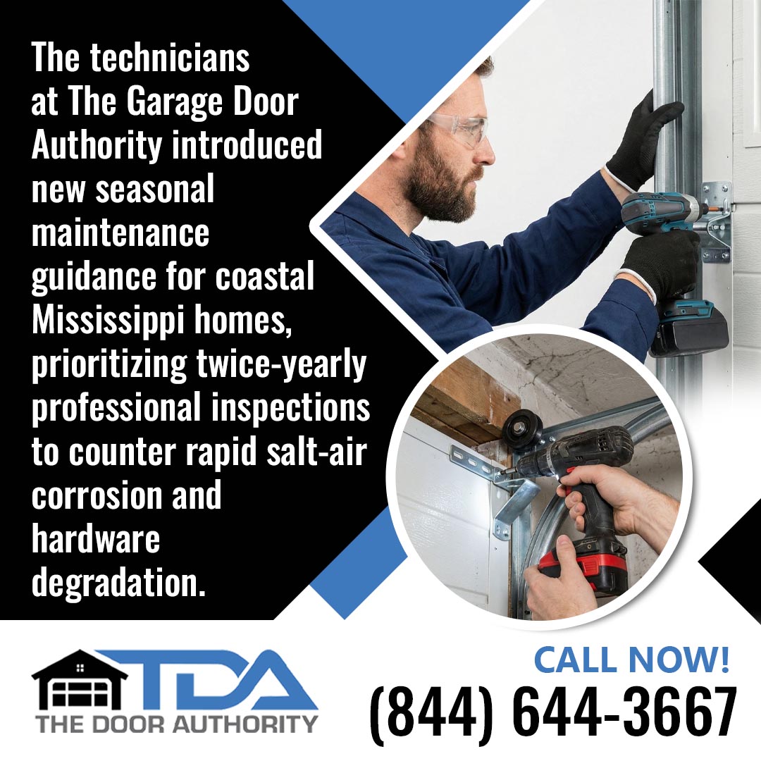 Garage door technician performing seasonal maintenance on a residential garage door with close-up of hardware inspection for coastal home protection.
