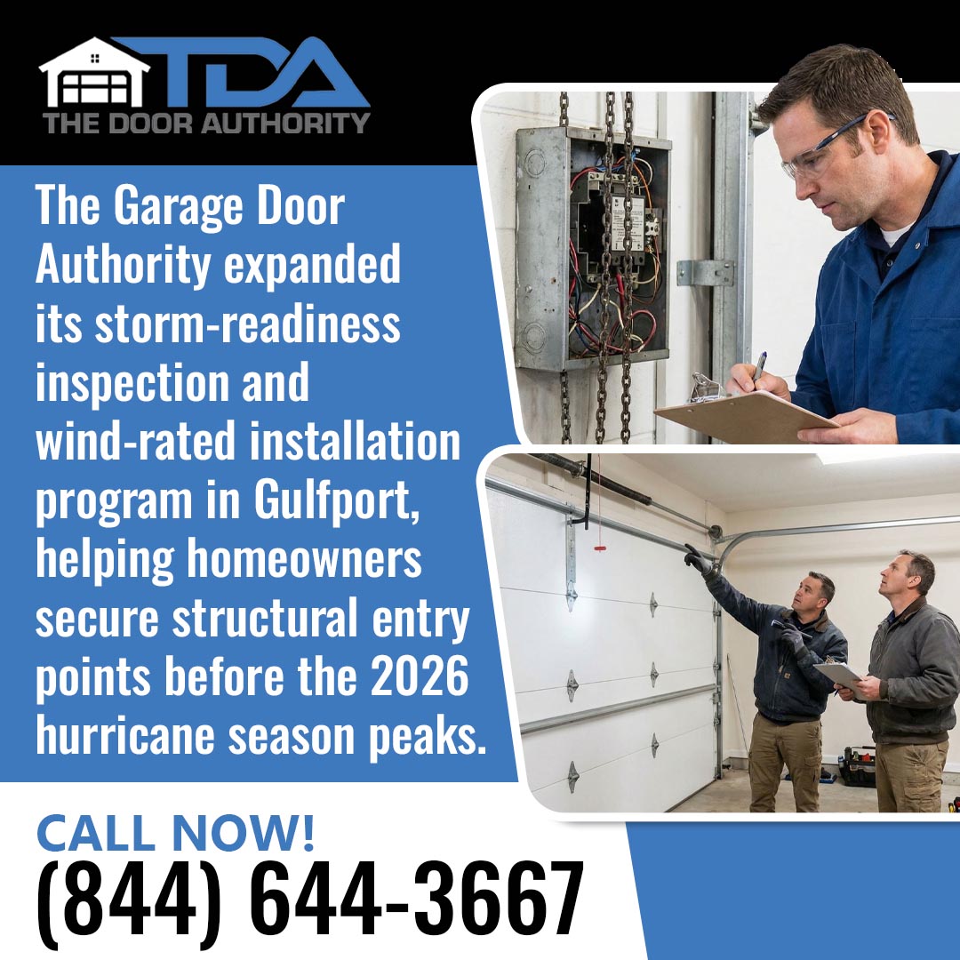 Technicians performing a garage door storm-readiness inspection and evaluating a wind-rated garage door installation in a residential garage.