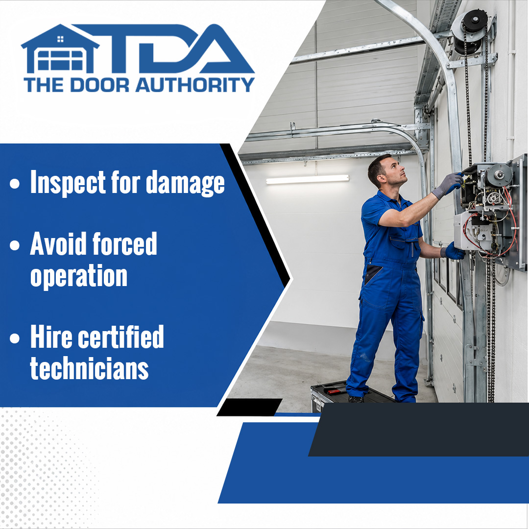 Certified technician in blue coveralls inspecting and repairing an overhead commercial garage door motor and chain drive system.