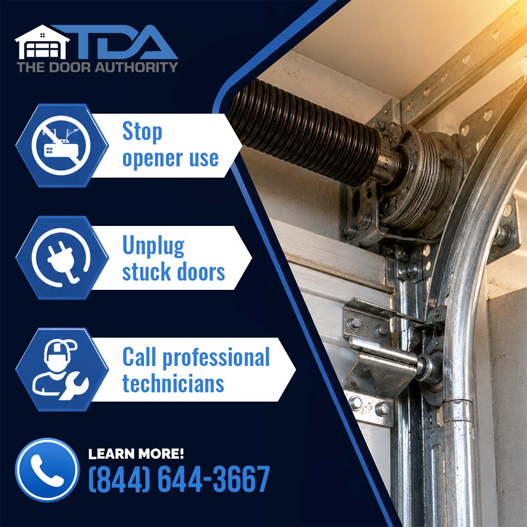 Close-up view of a garage door torsion spring, cable drum, and track assembly alongside safety steps for stuck garage doors.