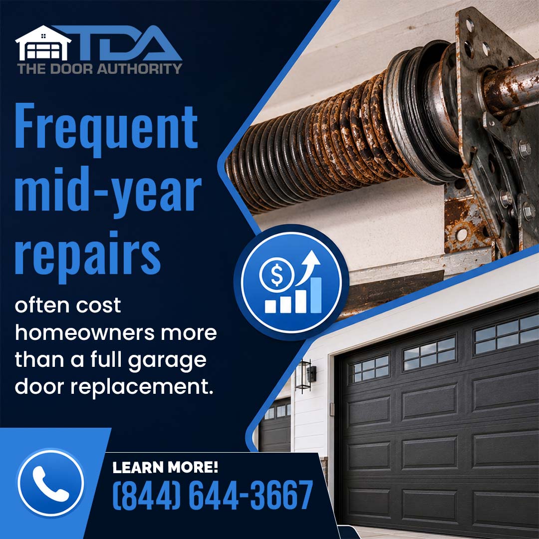 A rusted garage door spring and cable drum assembly shown above a new dark gray garage door, accompanied by a rising cost graphic.