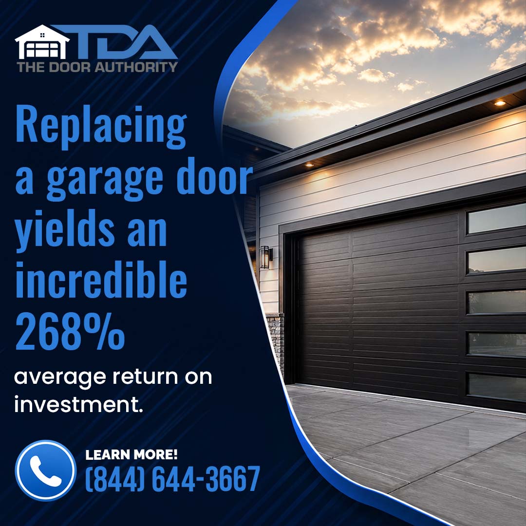 A dark modern garage door with vertical window panels installed on a contemporary home against a sunset sky, featuring text about 268% ROI.