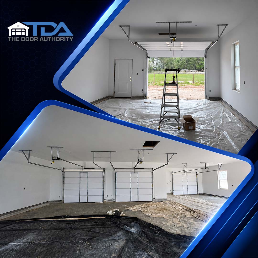 Interior split-view of newly installed white sectional garage doors in a spacious multi-car garage setup.