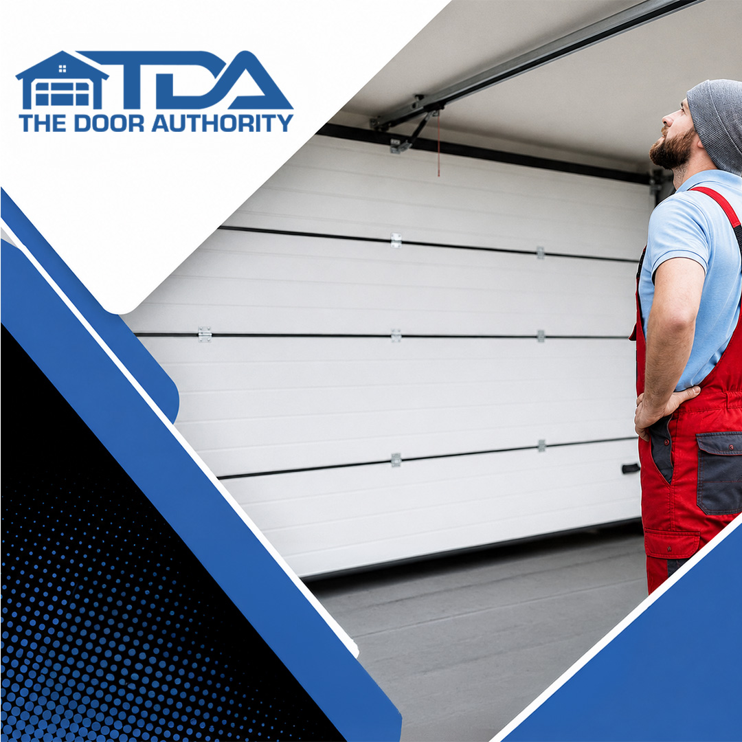 Technician in a beanie and red overalls looking up at a closed white sectional garage door inside a residential garage.