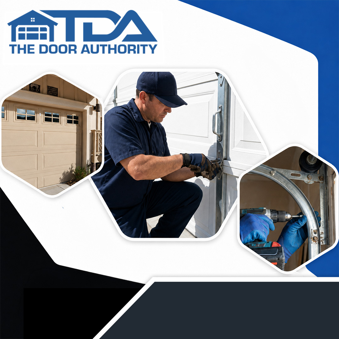 Multi-panel graphic showing an installed beige garage door, a technician repairing a white garage door panel, and a close-up of track hardware installation with a power drill.