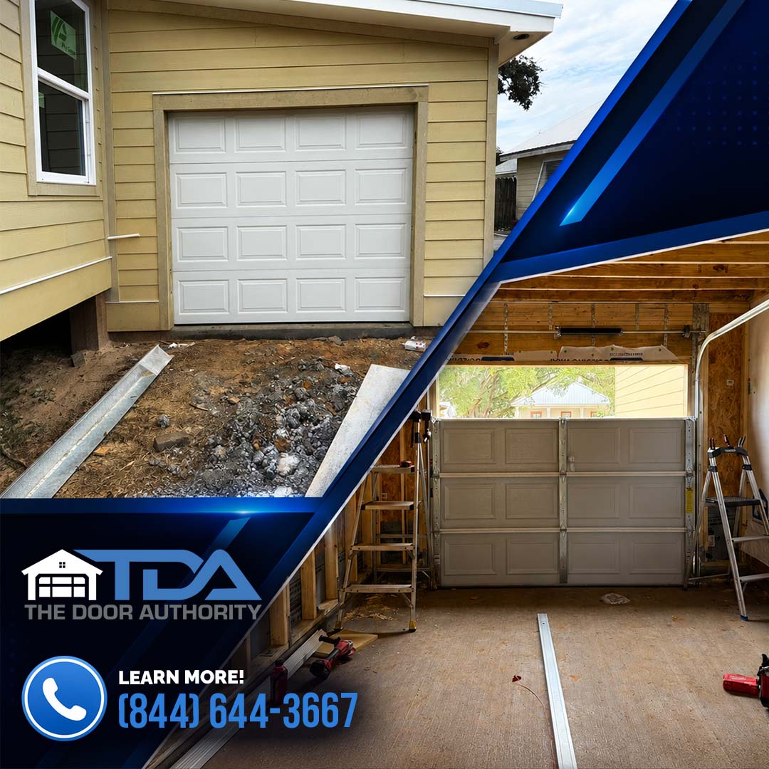 Split-screen image showing the exterior elevated entry of a garage and the interior view of a garage door installation in progress.