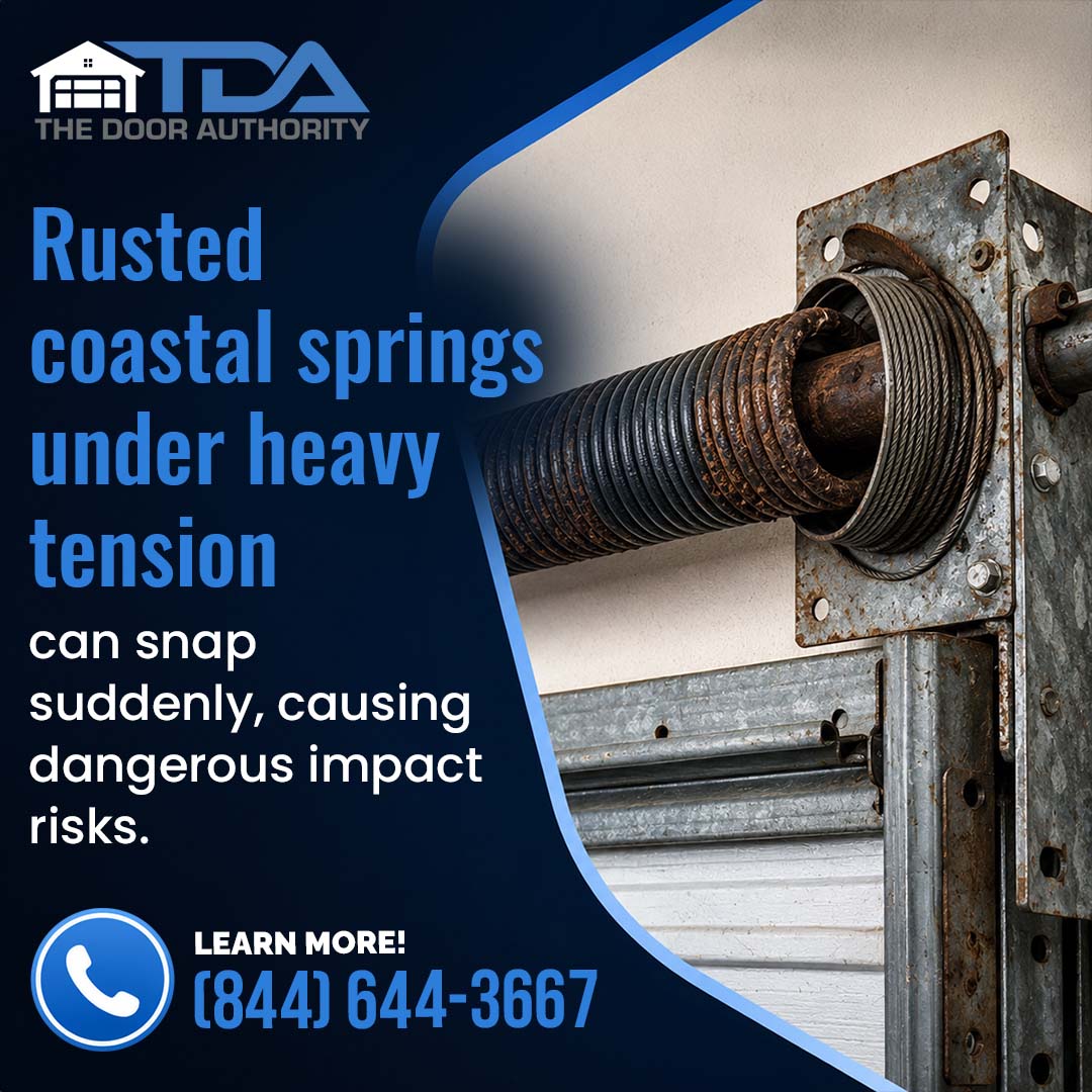 A heavily rusted garage door torsion spring and cable drum assembly mounted above a metal track, with warning text about coastal rust risks.