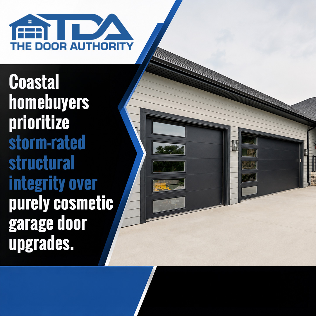 Modern residential garage exterior featuring sleek charcoal-black garage doors with vertical side windows.