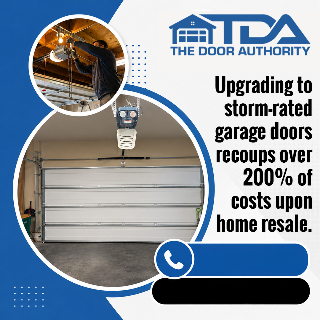 Circular inset of a technician installing an overhead garage door opener above a clean view of an installed white sectional garage door interior.