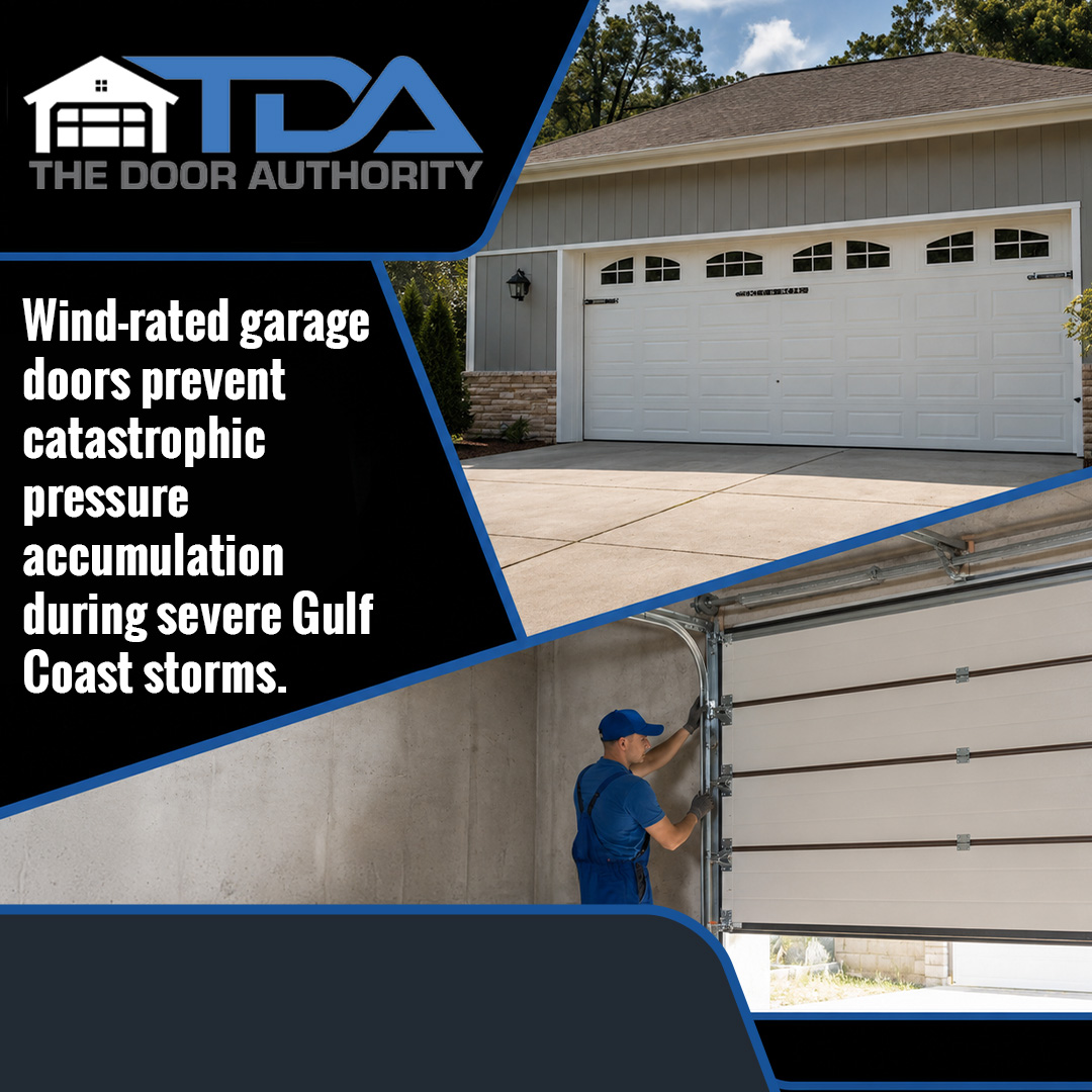 Split view featuring an exterior residential garage with an installed wind-rated door and a technician installing reinforced door hardware and tracks from the inside.